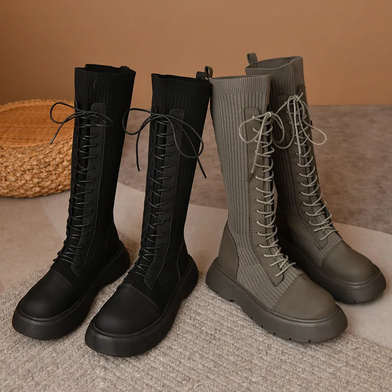 

Сапоги женские до колена, вязаные эластичные сапоги на платформе, модная повседневная обувь В рыцарском стиле, Осень-зима