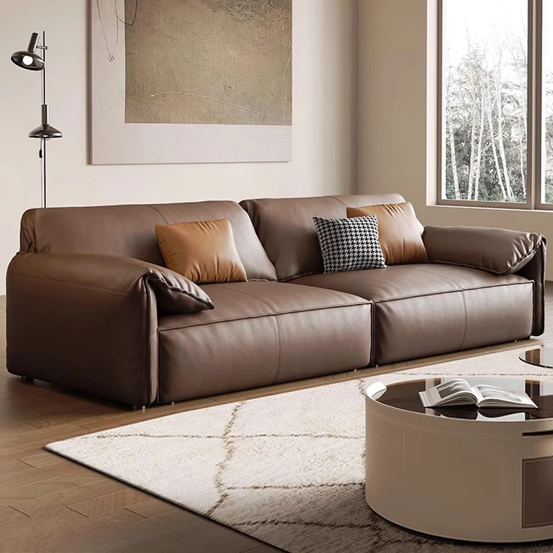 

Кожаный диван со слоненными ушками, для гостиной, современный, простой, прямой ряд, Трехместный, минималистичный слой кремового покрытия, диван из воловьей кожи