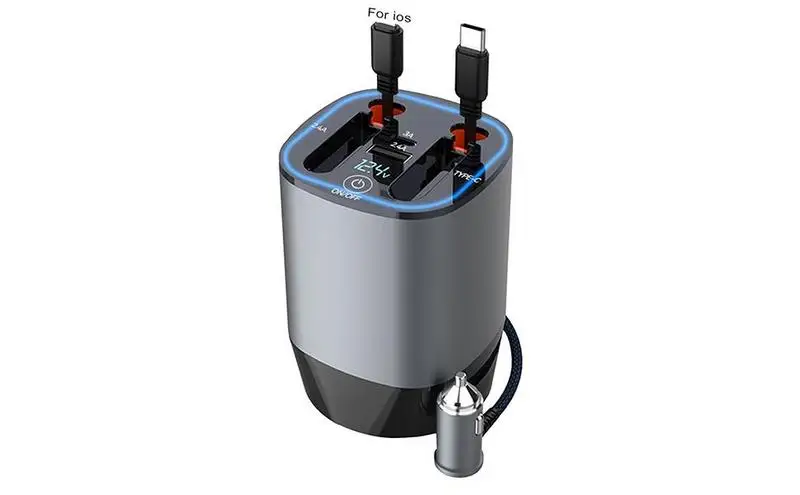 

Car Charger Fast Charge 5 In 1 Smart Car Fast Charger With Dual Retractable Cables Car Aromatherapy Diffuser LED Voltage Display