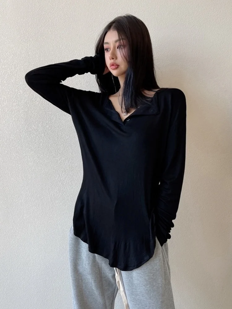 

TVVOVVIN ленивая Повседневная модная свободная тонкая футболка с изогнутым подолом, повседневный Топ с длинным рукавом, большой размер, станда...