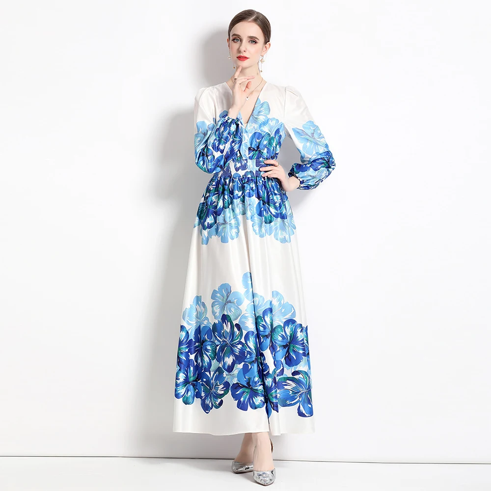 

Женское модельное платье с длинными рукавами-фонариками, праздничное платье для отпуска с V-образным вырезом, синим цветочным принтом и высокой эластичной талией, N8713, весна-осень