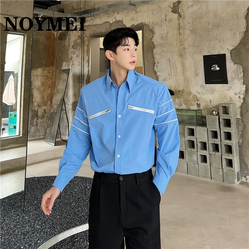 

NOYMEI New Men's Shirt Trendy 2023 Summer Personalized Zipper Design Loose Causal Korean Style Solid Color Male Top WA1373