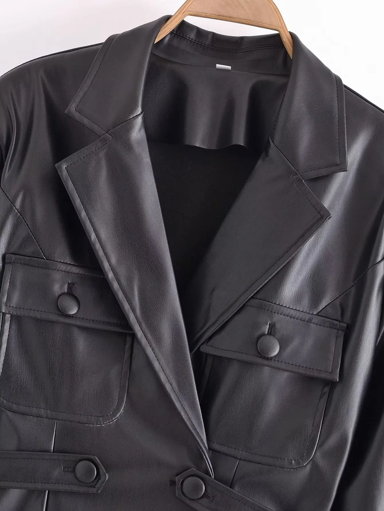 Women Faux PU Leather Jacket Metal Single Button Vintage Long Sleeve Blazers Pockets Female Black Suit Coat 2022 New Women Coat