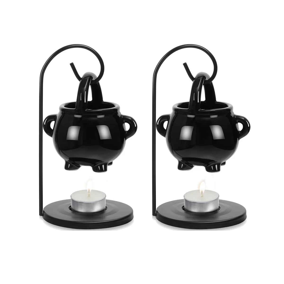 

2Pcs Hanging Cauldron with Handle Lid Home Black Christmas Wax Warm Diffuser Ceramic Witches Cauldron