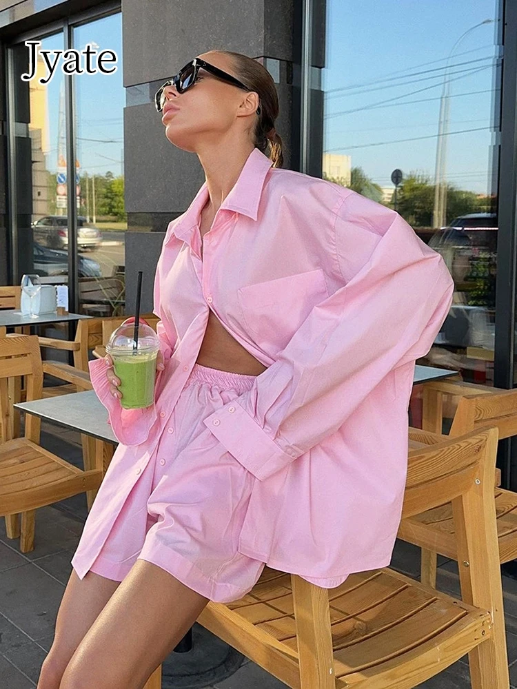 Jyate 2024 летний однотонный костюм с шортами женская рубашка отворотом и длинным