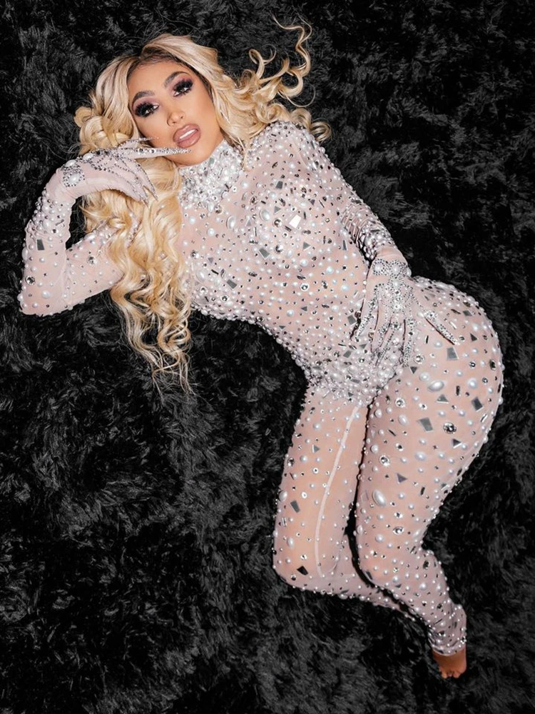 Женский прозрачный комбинезон со стразами жемчугом и молнией на спине S-XL