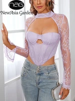 newasia lace long sleeve corset blouse see though hollow out boned pads crop shirts fashion sexy streetwear solid women blouses