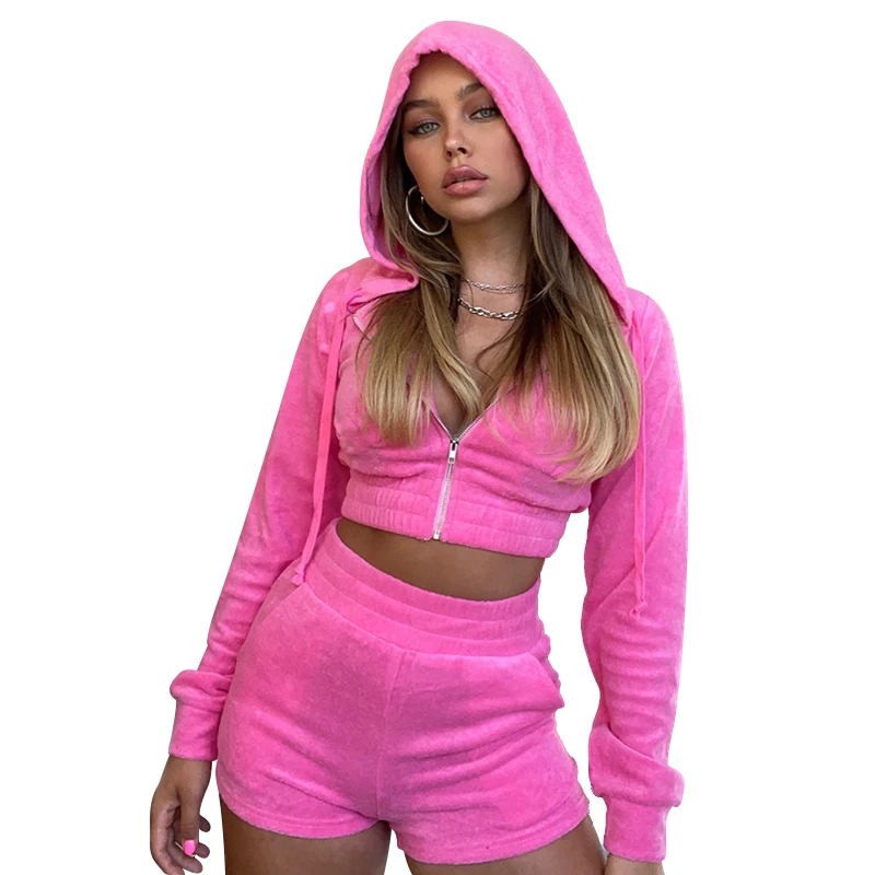 

Autumn Summer Pink Casual Women Two Piece Set Crop Top and Pants Solid Tracksuit Zipper Hoodie Outfits New Women 2 Piece Set