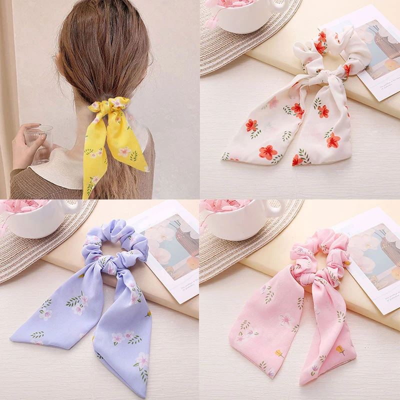 

Bohemian Flower Print Scrunchies Floral Ribbon Hair Scrunchie Ponytail Hair Tie Sweet Elastic Hair Rubber Bands Headwear