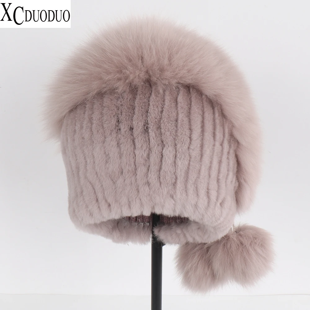 

Russian Winter Women Luxury Real Fox Fur Bomber Hat Lady Natural Hand Knitted Rex Rabbit Fur Cap Warm Quality Real Fox Fur Hats