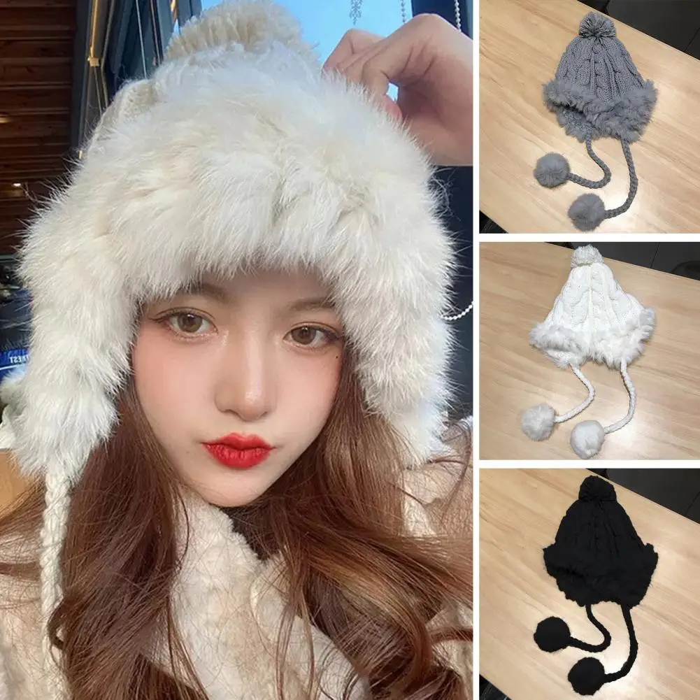 

Women Cute Furry Knitted Beanie Hat Fur Pom Pom Ball Beanies Winter Bomber Hat Warm Ski Cossack Russian Cap