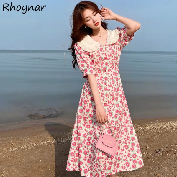 

Short Sleeve Dress Women Floral Midi Peter Pan Collar Holiday Girlish Tender Lovely Prairie Summer Hot Sale Chic Vestidos Female
