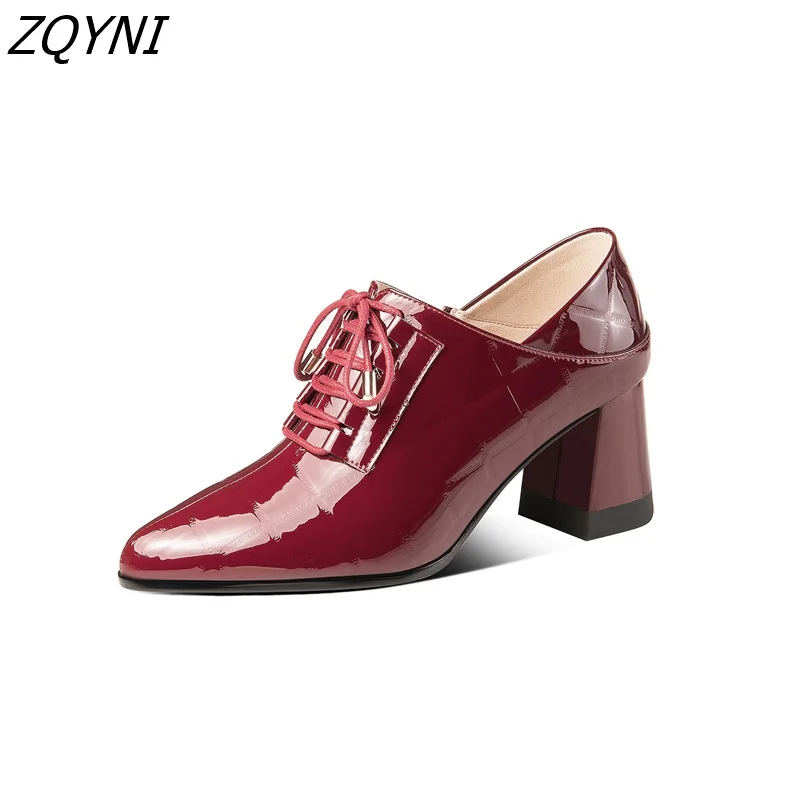 

2022 spring and Autumn New Women's shoes leather high heel lace up thick high heel single shoes versatile women's shoes