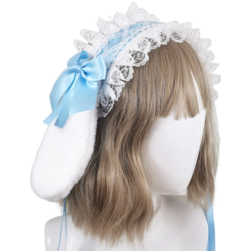 

Japanese Anime Bunny Ears Ruffled Lace Headband Detachable Plush Hairband Sweet Bow Maid Cosplay Costume