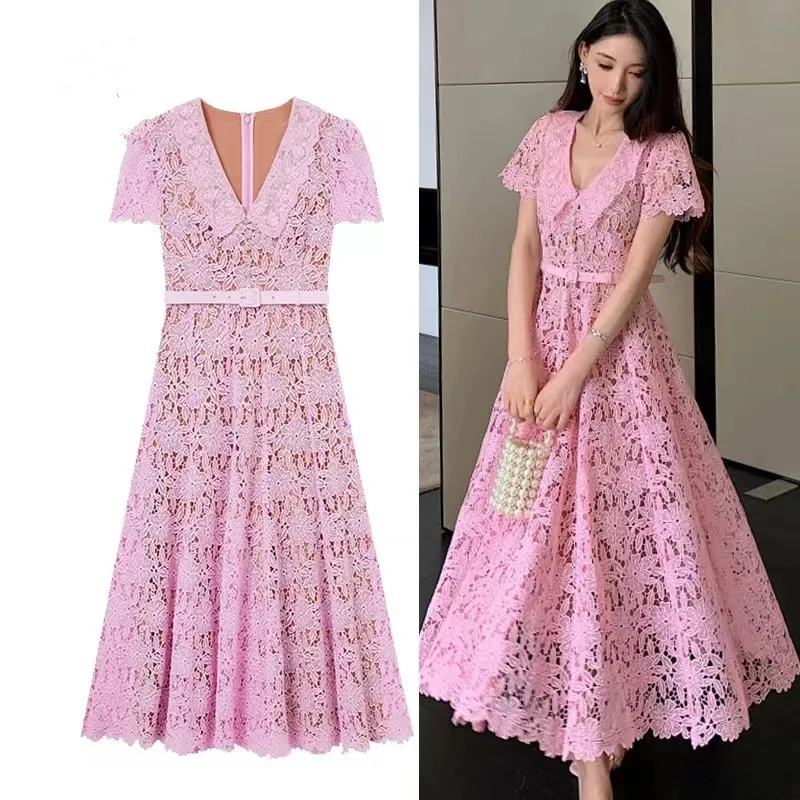 Женское летнее кружевное платье с отложным воротником коротким рукавом и поясом