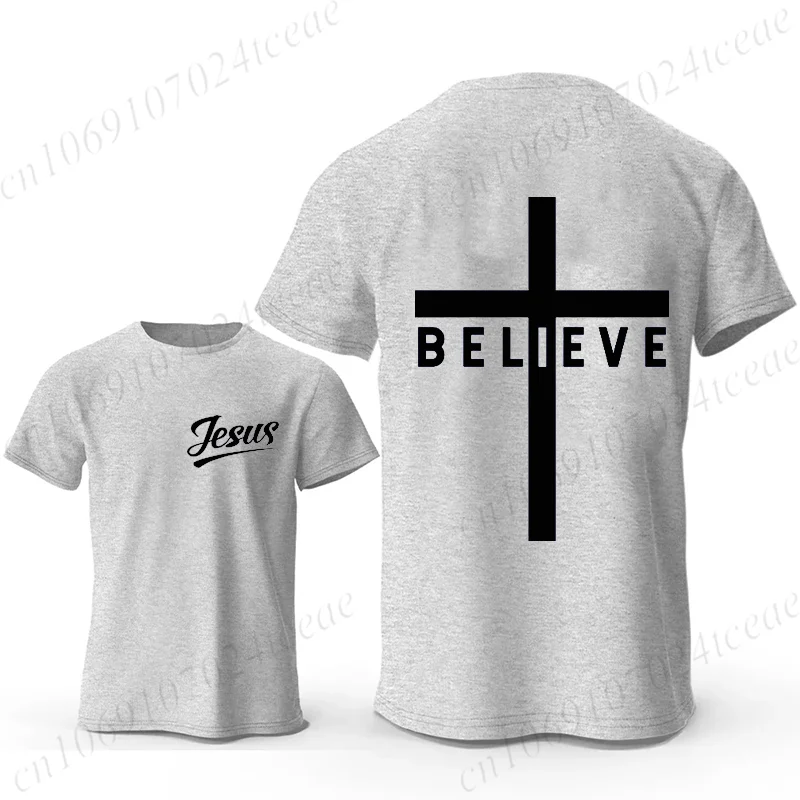 Фото Men's Fashion Summer T-shirts Believe Cross Jesus Creative Graphic Printed Tshirts Casual Short Sleeved T-shirt Christian Tops №4