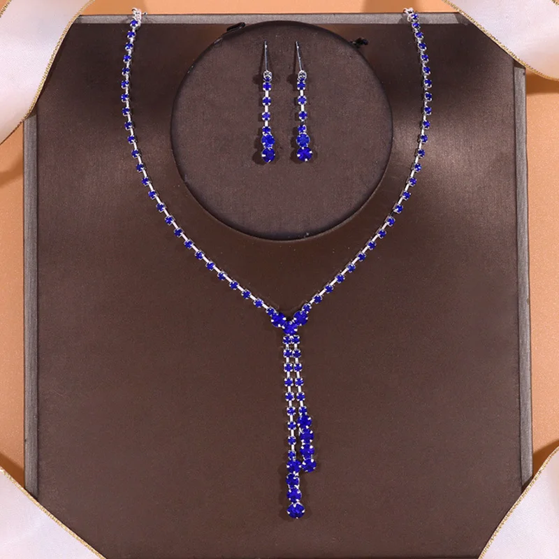 

TREAZY Royal Blue Rhinestone Crystal Bridal Jewelry Sets for Women Tennis Long Drop Necklace Earrings Wedding Jewelry Sets Gifts