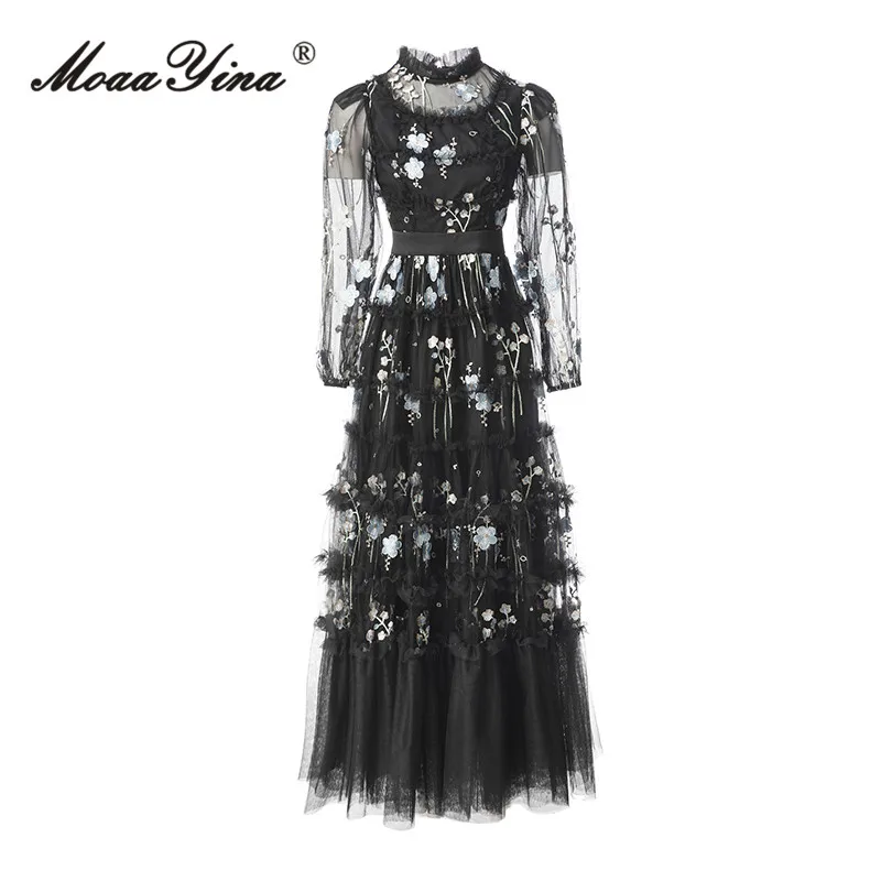 MoaaYina Summer Fashion Runway Black Elegant Dress Women Stand Collar Embroidery Floral Elastic Waist Mesh Ruffle Hem Long Dress