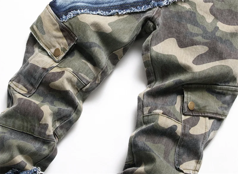 2023 New Jeans Men's Slim Fit Elastic Camo Panel Color Block Bike Fashion Distressed Casual Men's Jeans