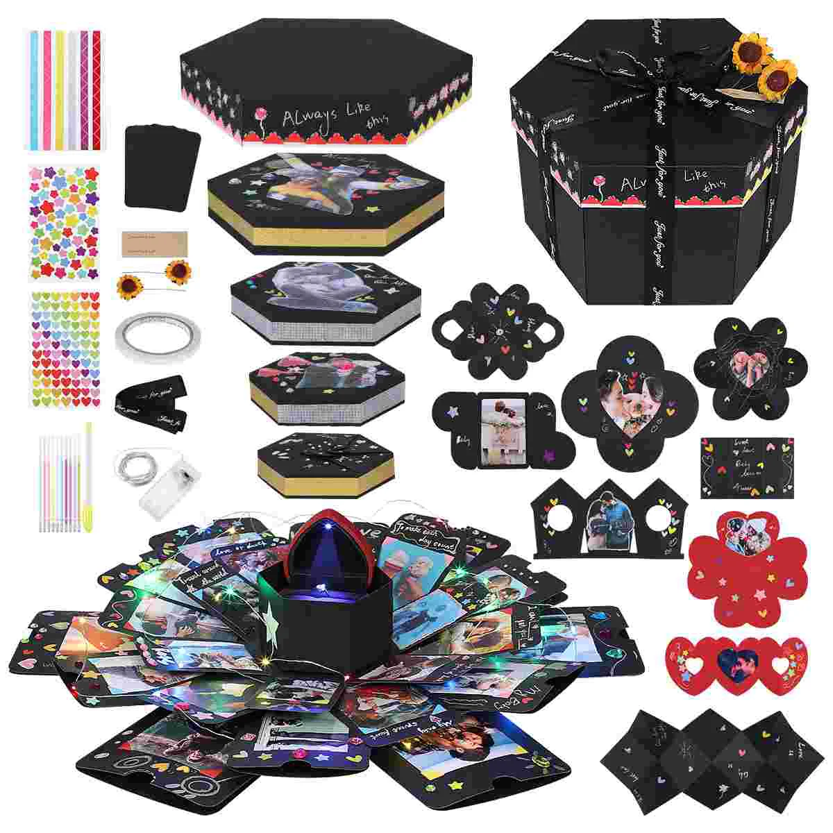 

partykindom Classic Hexagon Explosion Gift Box Handmade DIY Surprise Scrapbook Photo Album Wedding Anniversary Gift Box (Black)
