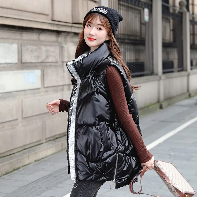 

Fashion Women's Clothing Thick Warm Cotton Padded Vest Jackets Autumn and Winter Korean Style Loose Shiny Stand Collar Waistcoat