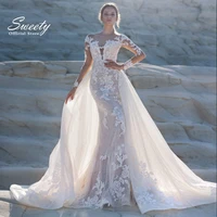 luxury mermaid detachable 2 in 1 wedding dress embroidered lace on net with train o neck fullsleeve bride %e2%80%8bgowns vestido de novi