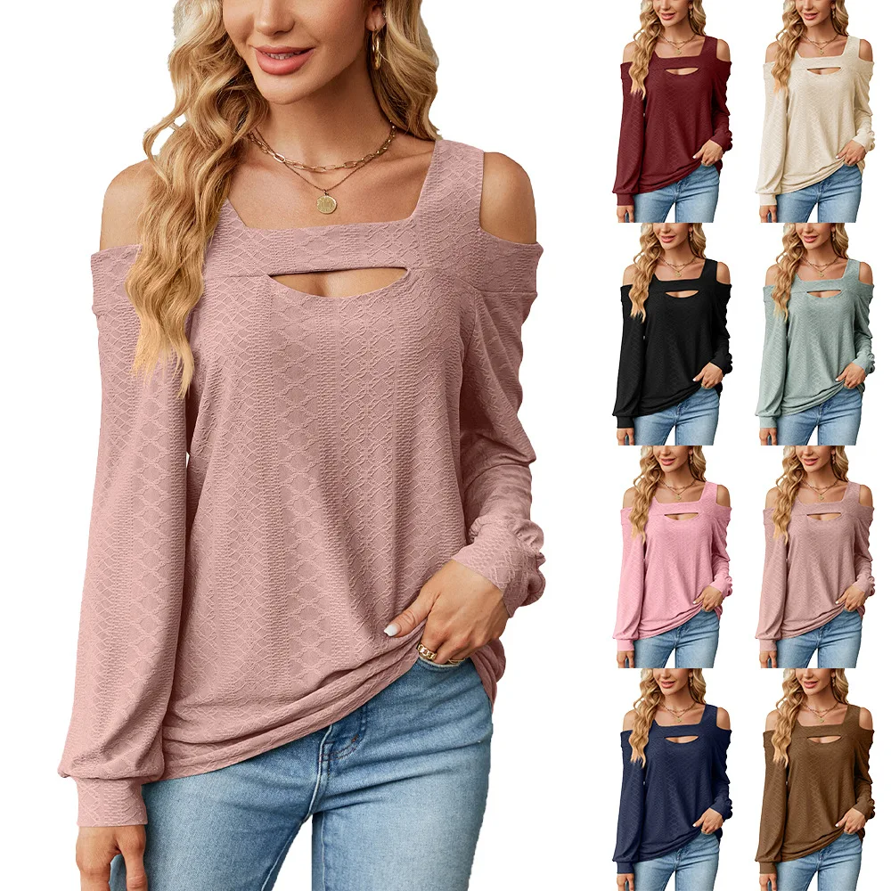 

Autumn Winter New Solid Color Hollow Out Long Sleeve Square Collar Loose Fashion Casual Simplicity All-match Women's T-shirt