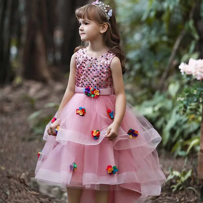 

Summer Girls Princess Dress New Sleeveless Shiny Sequined Children Mesh Dresses Kids Irregular Cake Dress Birthday Clothes