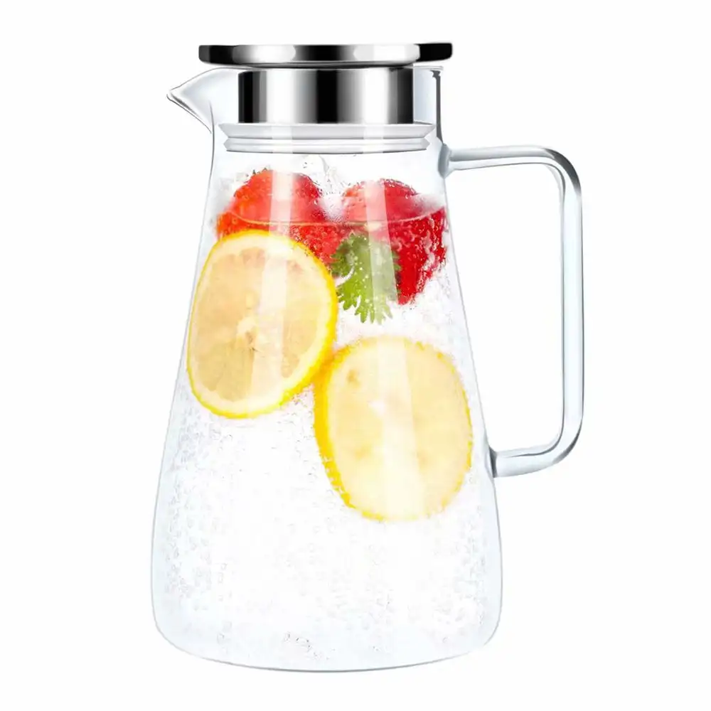 

52 Ounces Glass Pitcher with Stainless Steel Lid Water Carafe with Handle, Beverage Pitcher for Homemade Juice & Iced Tea.