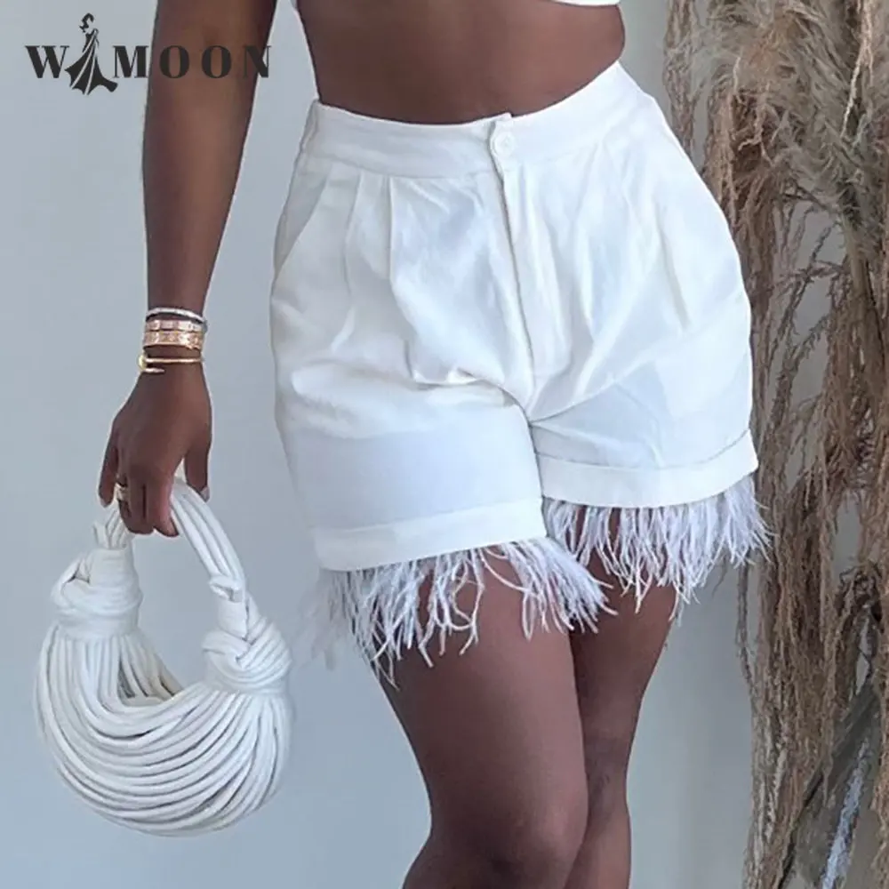 

Feather High Waist Zipper Street Casual Shorts Fashion Women Autumn 2022 New Style Pockets Sexy Party Club Straight Short Pants
