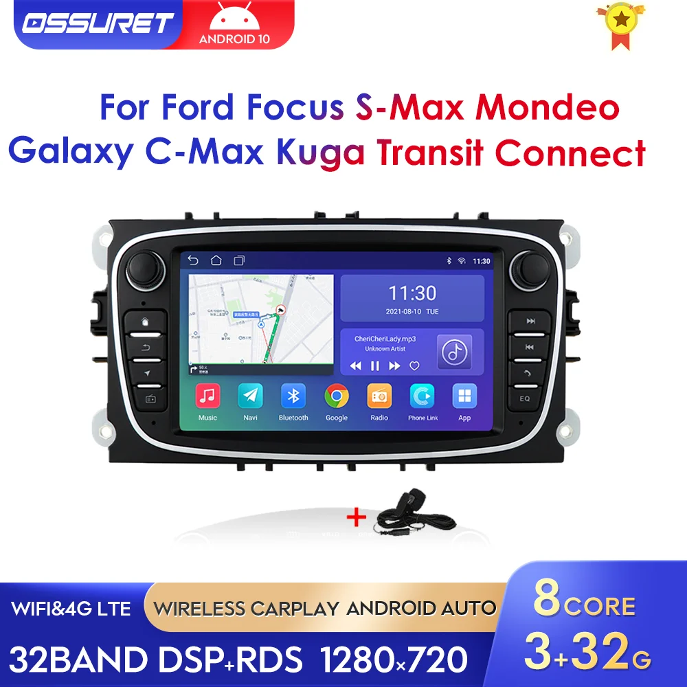 Автомобильный радиоприемник Android 10 2 Din GPS для FORD Focus S-MAX Mondeo C-MAX Galaxy 2007-2012