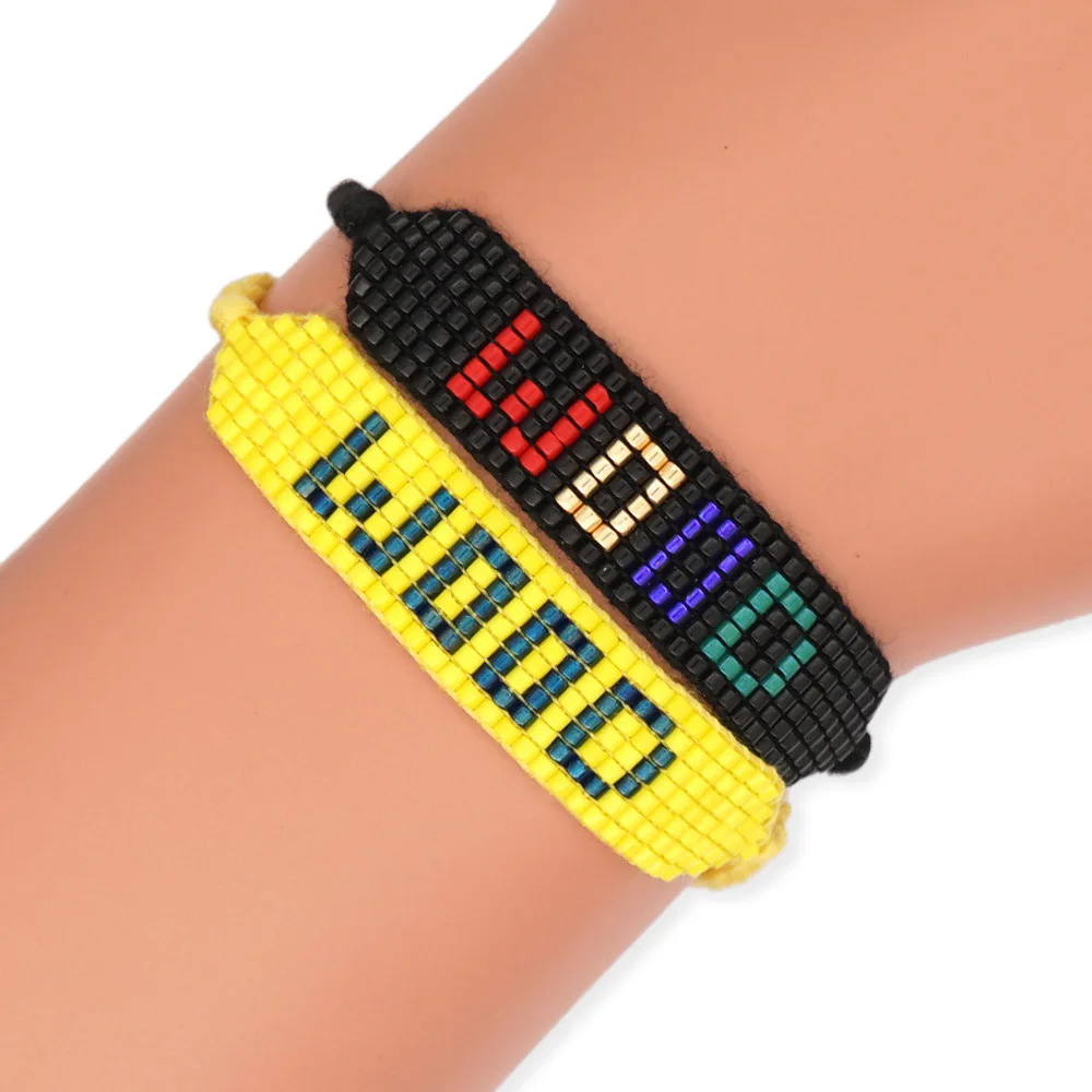 

Black Personality Letters WOOD Hip Hop Women's Miyuki Rice Beads Pure Hand-woven Beaded Punk Style Bracelet Women