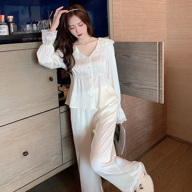 Luxury Lace French Court Style Temperament Long-sleeved Housewear Two-piece Women's Autumn New Pijamas Set Sleepwear Sleep Tops