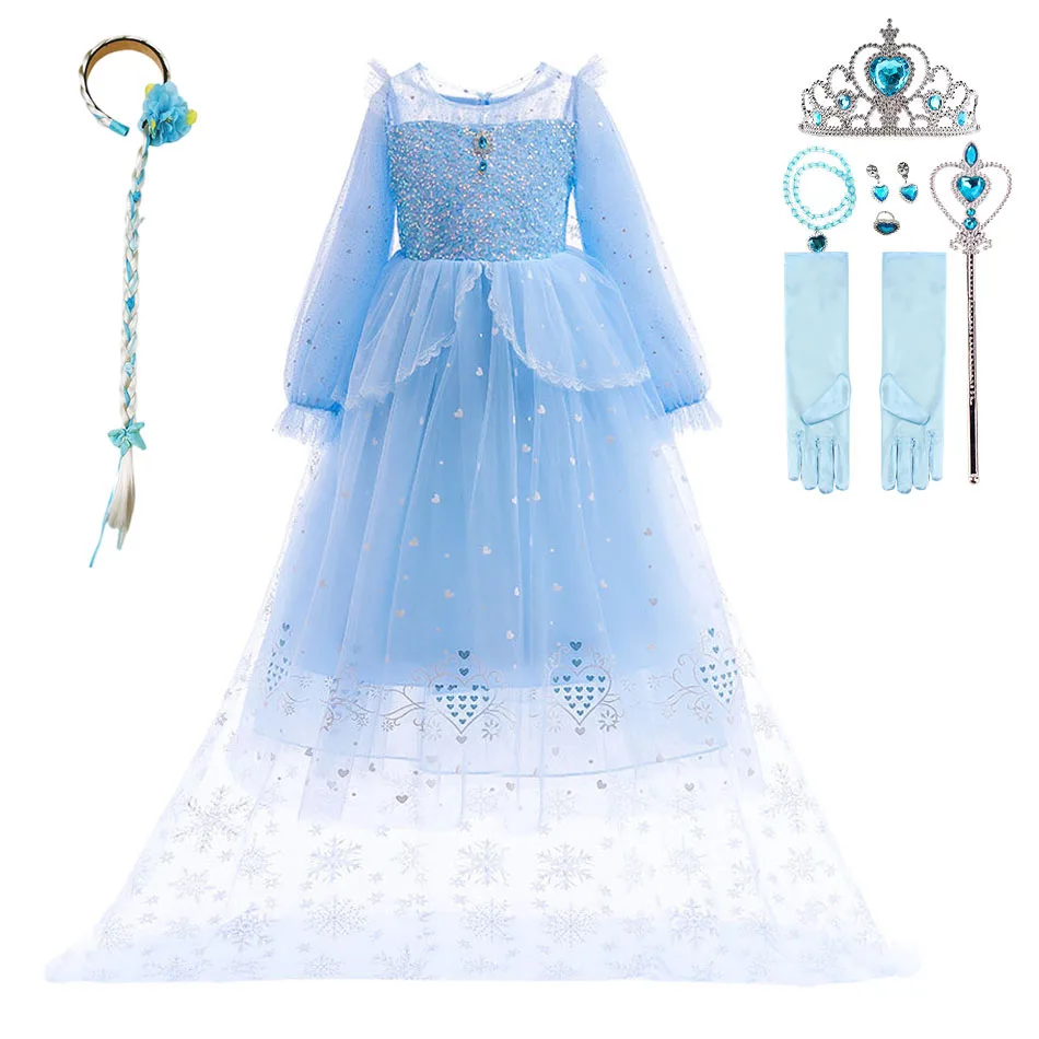 Girl Frozen Dress Elsa Costume Cosplay Halloween Costume Baby Girl Birthday Party Dresses Kids Carvinal Long Sleeves Vestidos