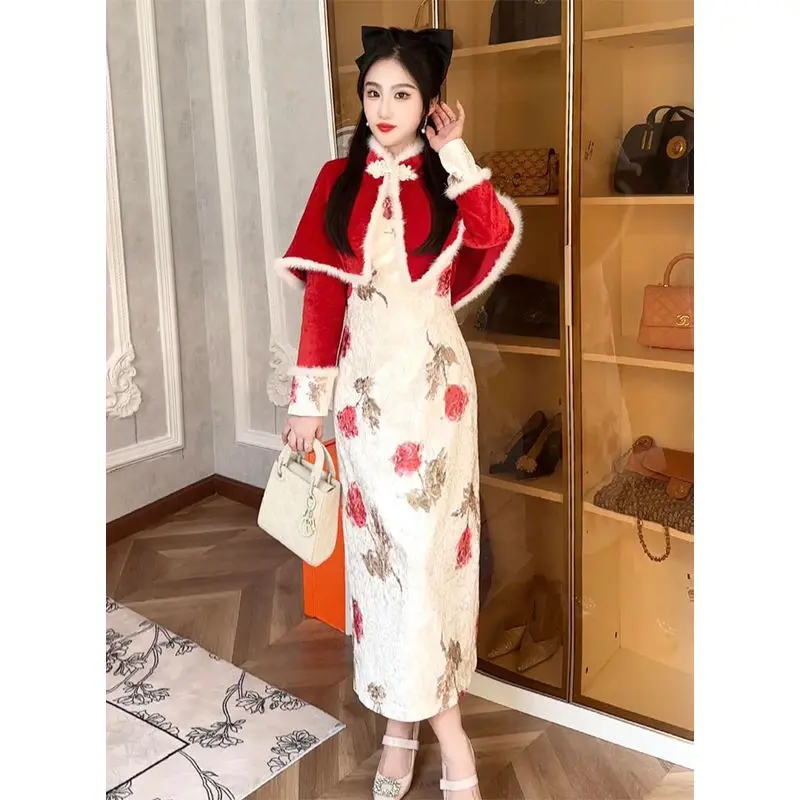 Стиль Тан Qipao женское цветное лоскутное платье на плечах для молодых девушек