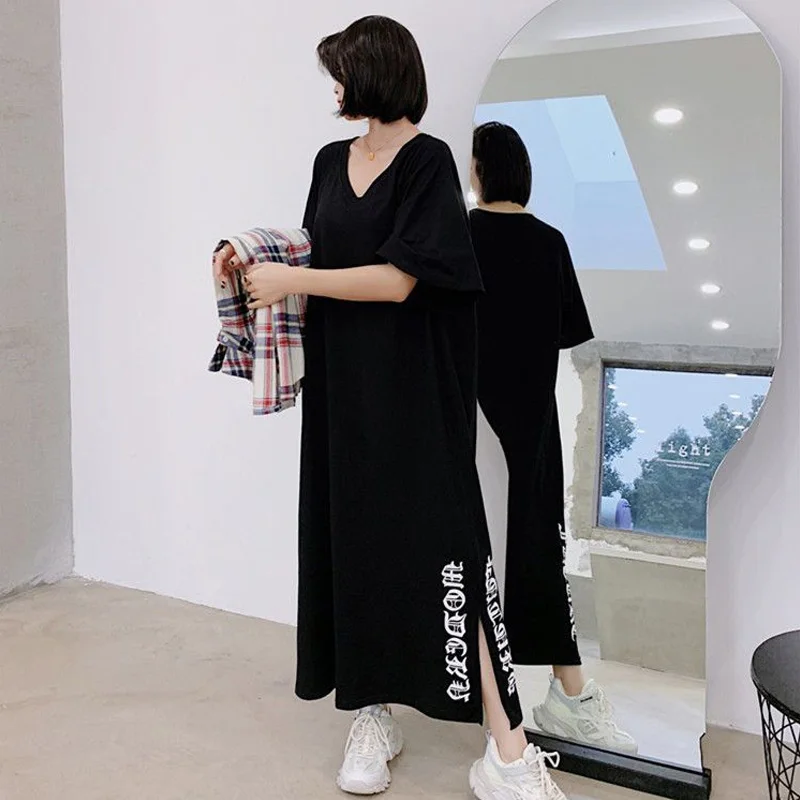 

Summer New Plus Size Split Hem T Shirt Dress Short Sleeve V Neck Solid Loose All-match Dresses Casual Fashion Women Clothing