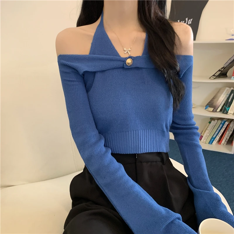 

Корейский сексуальный топ с открытыми плечами, Женский вязаный свитер с воротником Хомутом, Тонкий Повседневный офисный Женский вязаный св...