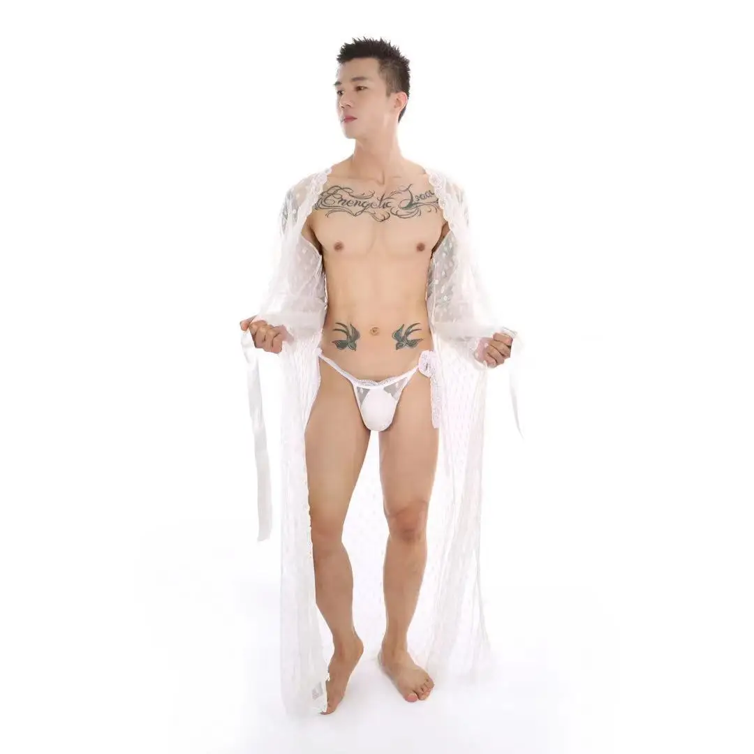 Men's Dot Japanese Kimono Long Lightweight Breathable Silky Sexy Lace Hollow Bathrobe Mopping Transparent Slit With Thong