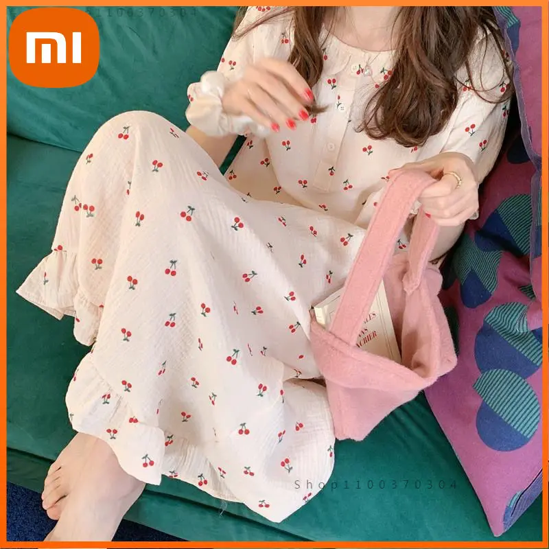 

Хлопковая ночная рубашка Xiaomi, Женская Корейская одежда для сна, ночная рубашка с принтом вишни, белая длинная цельная рубашка, летняя ночная...