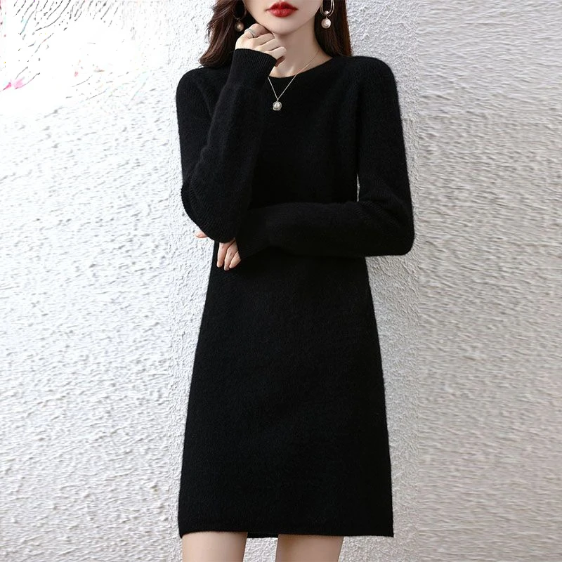 Women Round Collar Knitted Dress Autumn Solid Long Sleeve Casual Elegant Sweater Dress Loose Winter Vestidos Clothes R16