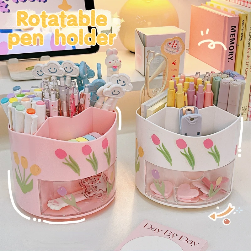 

Kawaii Rotating Pen Holder Desk Organizer Large-capacity Storage Box for Student Office Desktop Organiser Stationery Pen Holders