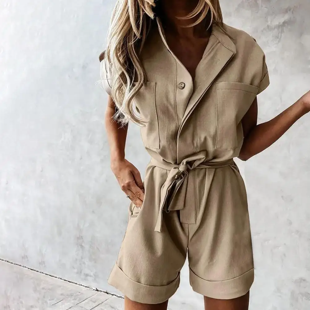 

Women Romper Stand Collar Breathable Single-breasted Khaki Short Romper for Daily Life