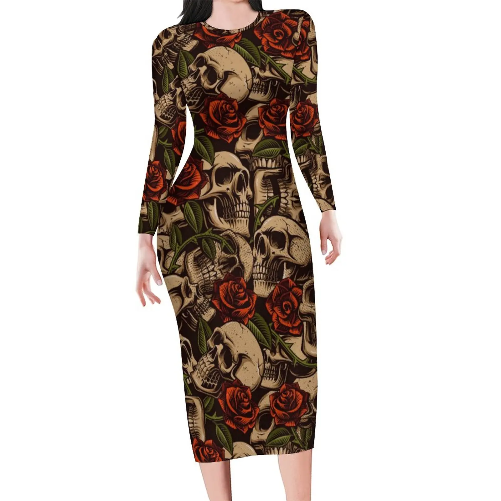 

Suger Skull Print Bodycon Dress Summer Red Roses Sexy Dresses Woman Long Sleeve Pattern Streetwear Dress 3XL 4XL 5XL