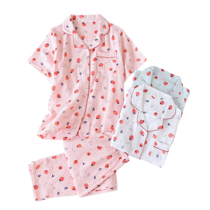 

New Japanese Crepe Pajamas Women's Short-sleeved Thin Section Washed Cotton Yarn Girl Cute Print Homewear Suit Ladies Sleepwear