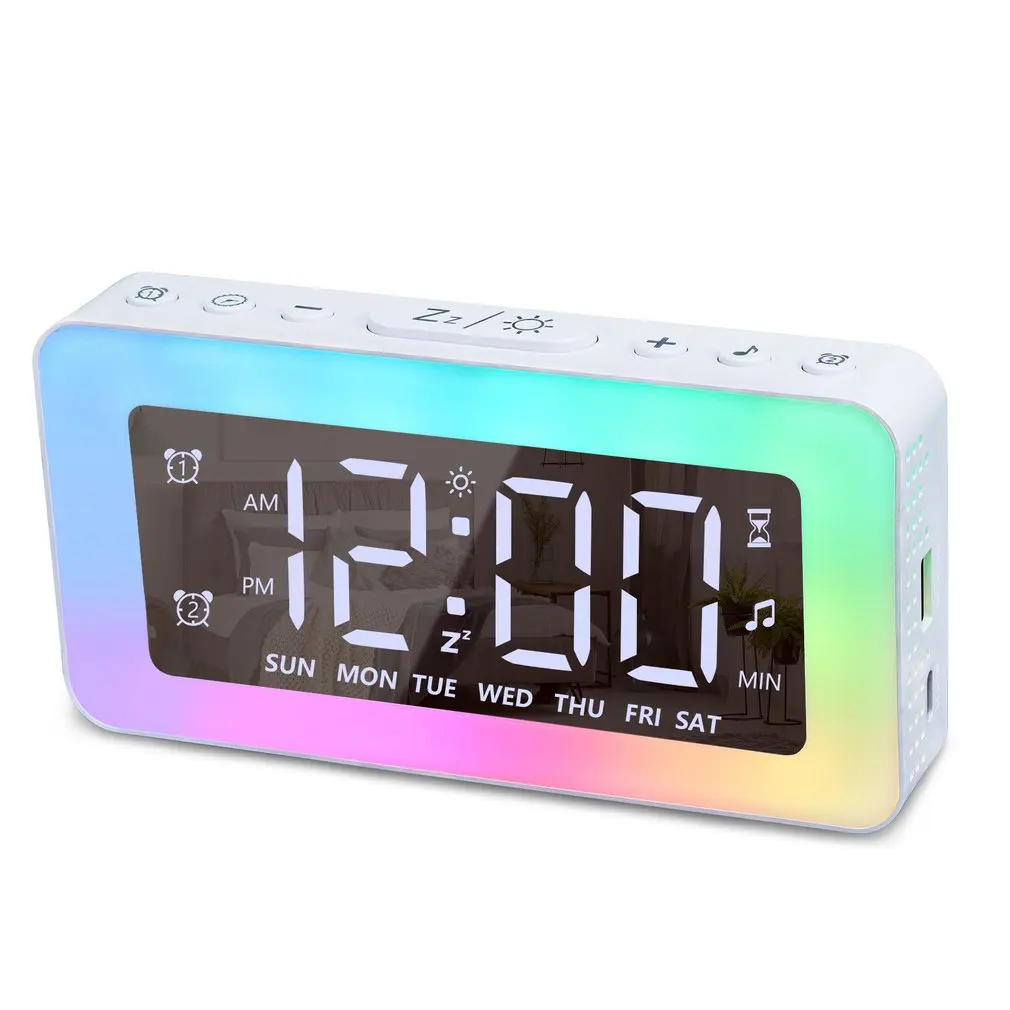 

Зеркальные часы с 8 RGB-подсветкой, будильник для спальни, светодиодный дисплей, с USB-портом для зарядки, для Iphone, Android