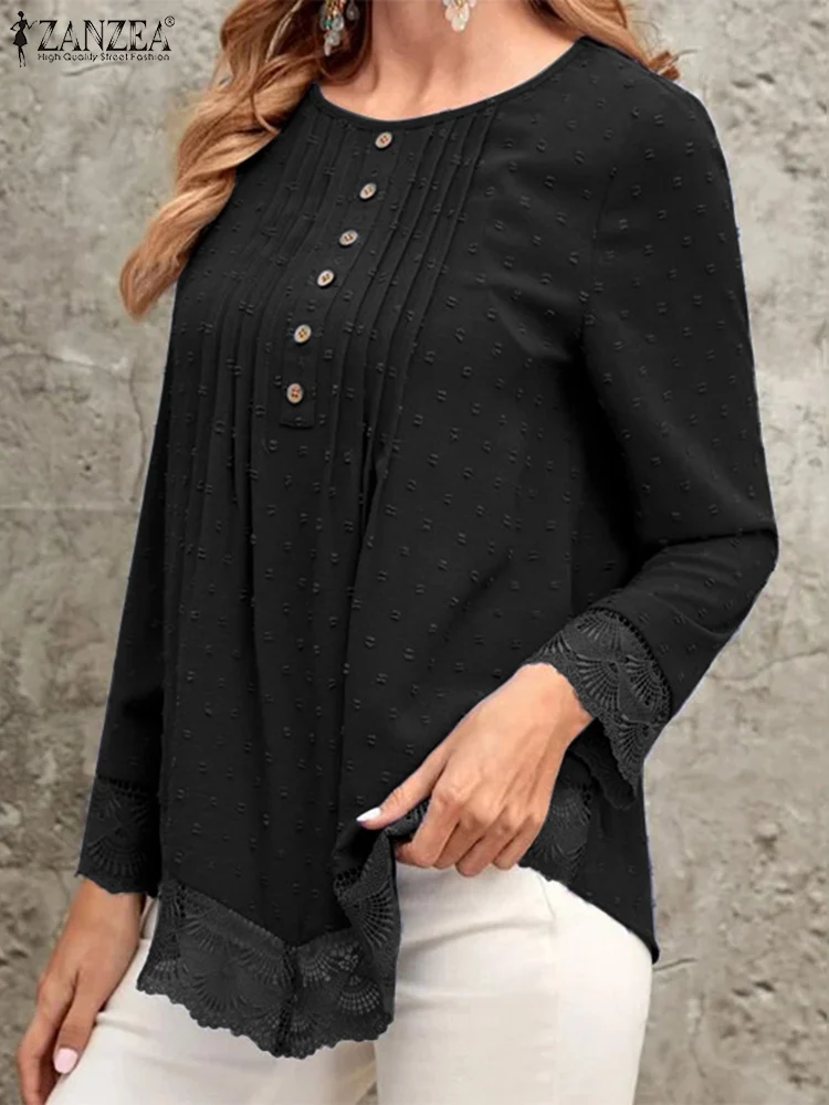

ZANZEA Women Buttons O-neck Tops Casual Loose Lace Stitching Blouse Fashion Solid Long Sleeve Shirts 2023 Autumn Pleating Blusas