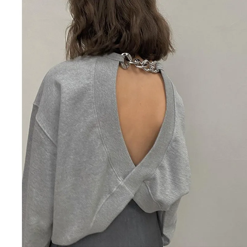 

Women's Top Spring and Autumn 2021 New Fashion Round Neck Sexy Chain Loose Gray Backless Sports T-shirt Mujer Long-sleeved