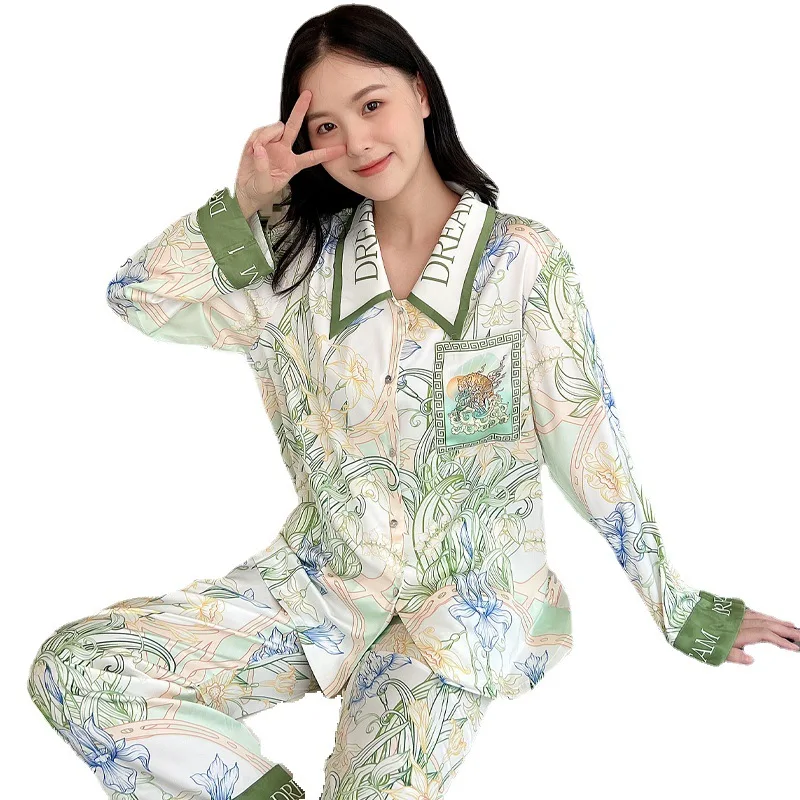 FALLINLAOE High Quality Women's Pajamas Set Luxury Floral Print Lapel Sleepwear Silk Like Long Sleeve Homewear Nightwear Femme