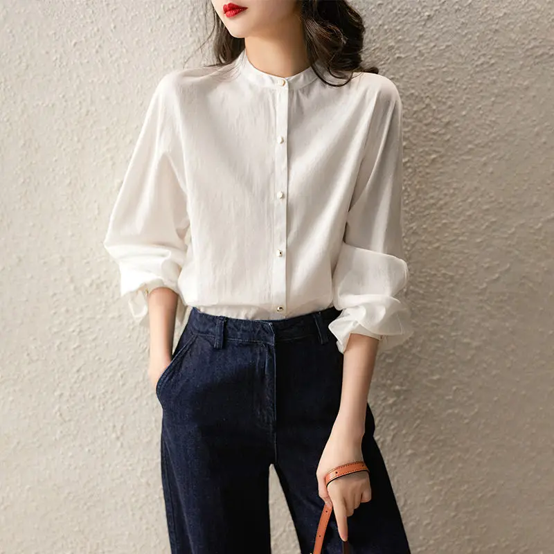 

New Shirt Women's Fashion O-Neck Solid Lantern Sleeves Loose Korean Version Top Office Women's Shirt Womens Tops Blouse