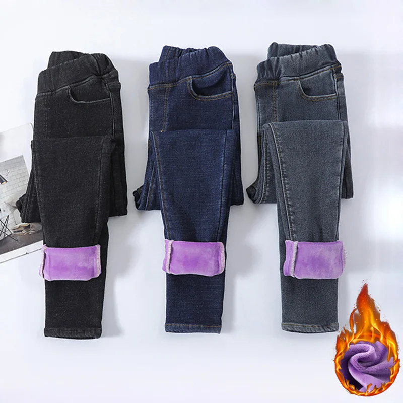 Women Thermal Stretch Jeans Winter Snow Warm Plush Blue Elastic Jeans Lady Skinny Thicken Denim Pants Fleece Mom Fur Trousers